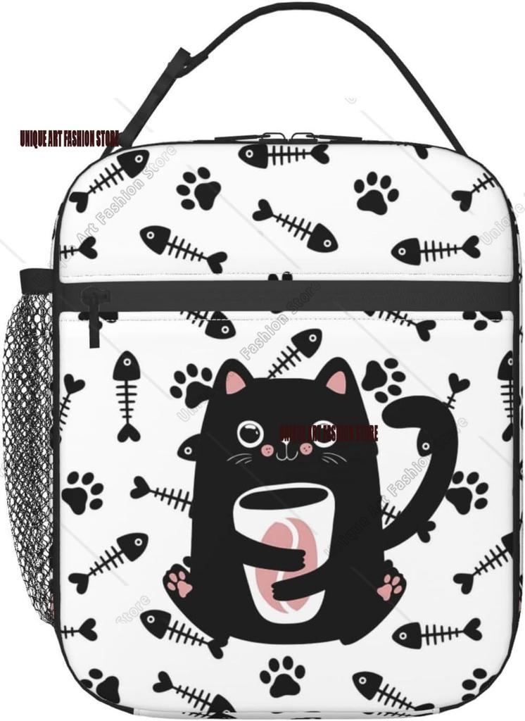 Süße Schwarze Katze Brotdose Isoliert Lunchtasche für Damen Herren Wiederverwendbar Tragbar Auslaufsicher Brotdose Tragetasche Kühltasche Thermotasche