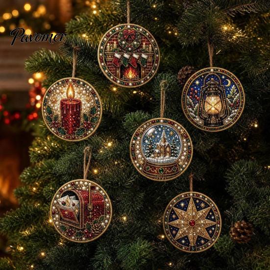 Christmas Faux Pearl Art Kit 6Pcs/Set Ornaments DIY Kit, Hanging Decorations Craft Creative Making with Round Charms Pearls, Holiday Rhinestone