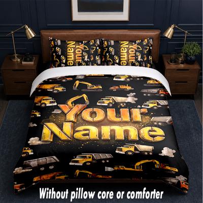 Construction Vehicles Theme Custom Text Or Name 3Pcs Bedding Set,1 Flat Sheet & 2 Pillowcases Personalized Home Bedding