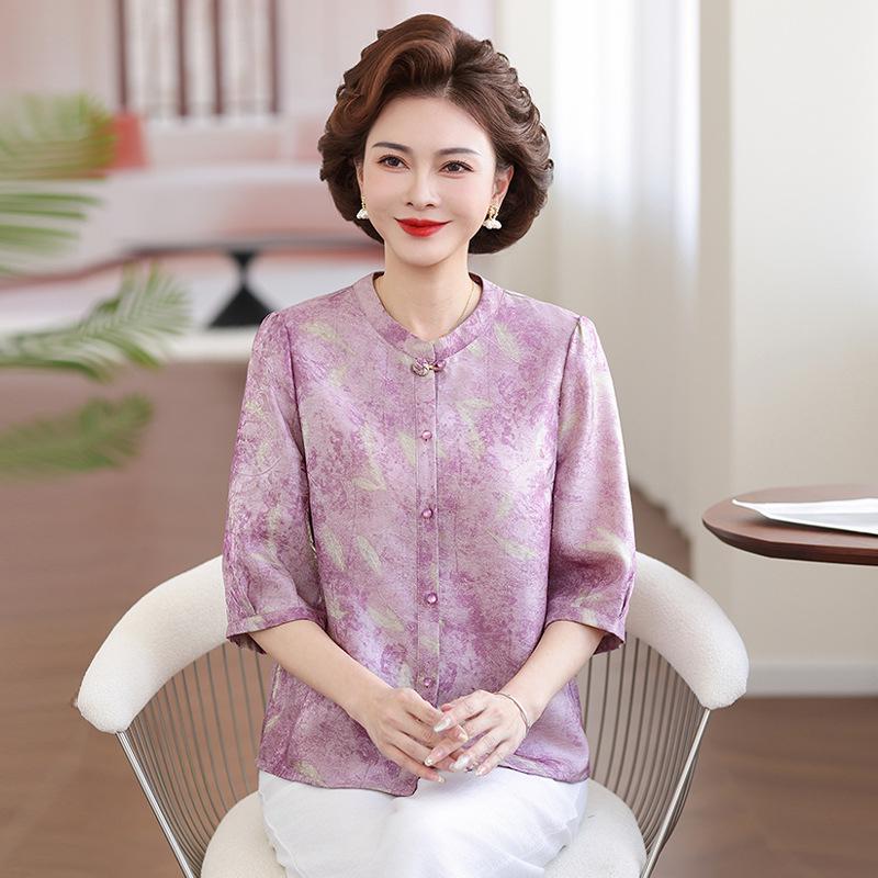 

Mom s Chic Chinese-Style Chiffon Top: Summer 7-Sleeve Shirt for Middle-Aged Women 5XL (Recommended 150-165 lbs)