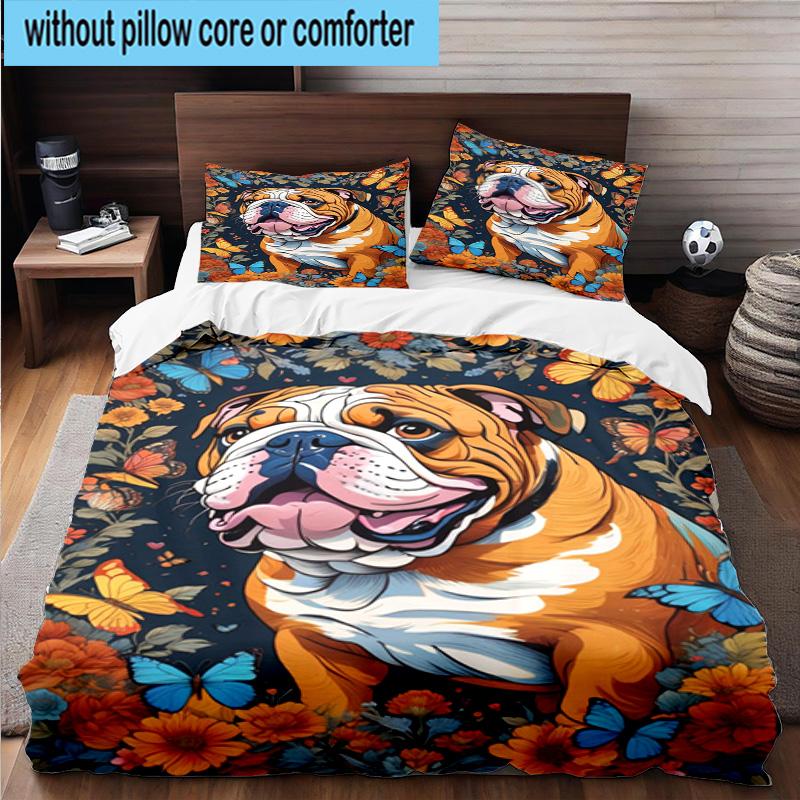 Butterflies And Bulldog Garden 3pcs Bedding,Including 1pc Duvet Cover And 2pcs Pillowcases Perfect for Christmas,Ideal for Bedroom, Dormitory
