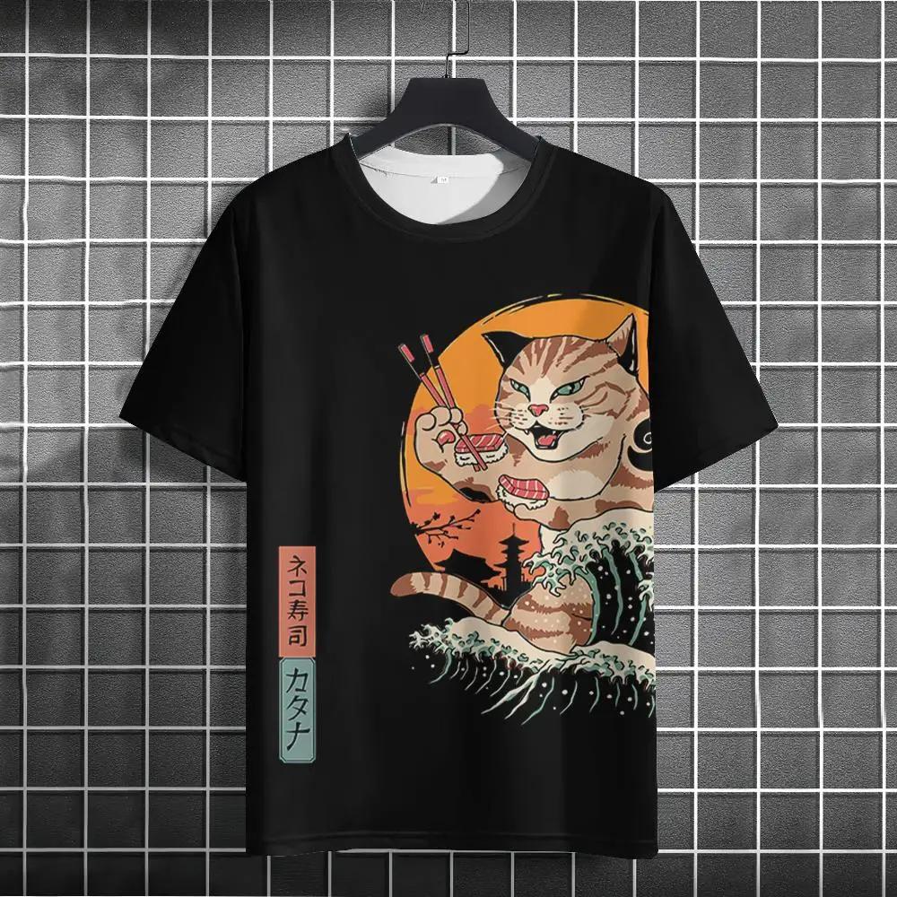 New Trend Cartoon Graphic T Shirt Japanese samurai Ninja Cat 3D Printed Funny Tshirts For Men Clothing Fashion Loose O Neck Tops