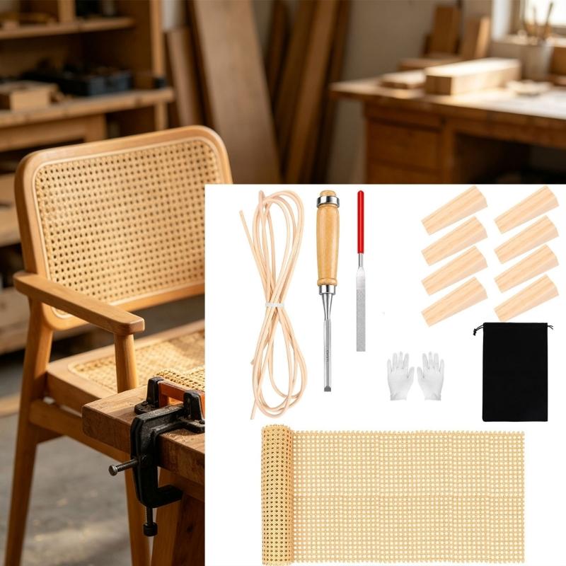 14 Piece Rattan Repair Set with Natural Rattan Sheet, Repair Parts and Hand Tool for Chair Reweaving, Seat Repair Supply