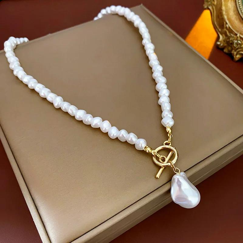 New Baroque Imitation Pearl Ot Buckle Pendant Necklace Women Wedding Bridal Bead Chain Neck Accessories Jewelry Gift