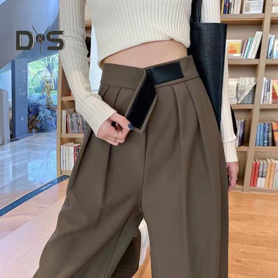 Women Suit Pants Straight Wide Leg Loose High Waist Solid Color Formal OL Commute Full Length Fasten Tape Adjustable Waist Lady Formal Trousers