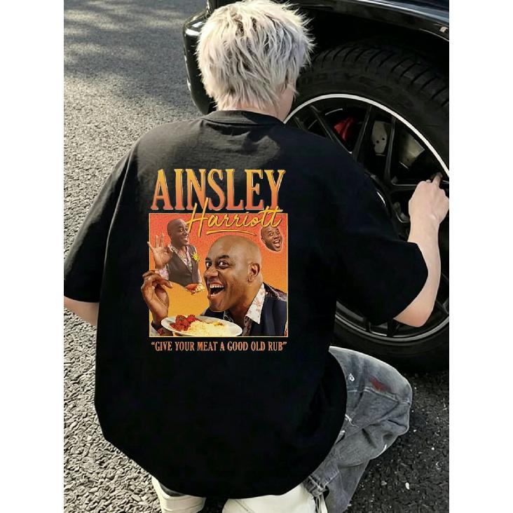 Ainsley Harriott T Shirt Black Ainsley Harriott Chef Image And Quote Give Your Meat A Good Old Rub Graphic Print Casual Wear for Men And Women S