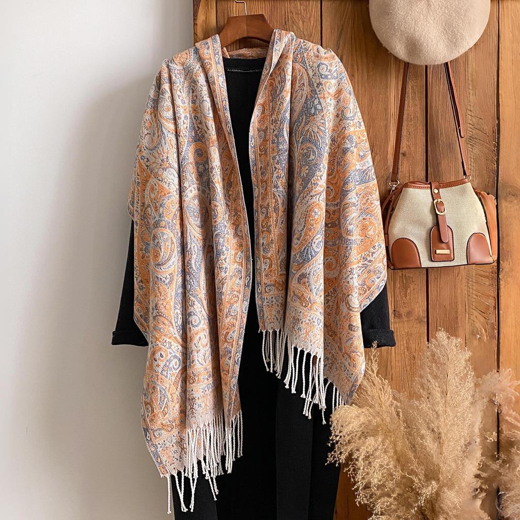 Rand Fashion Dámský zimní kašmírový šál - Vintage květinový potisk s třásněmi ve stylu olejomalby Pašmína Silný přehoz & Šála