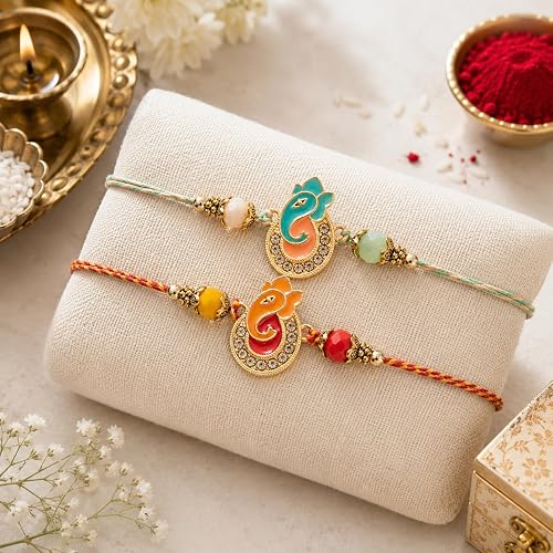 Rakhi For Brother - Set of 2 With Greeting Card for Bhaiya Traditional Pendant For Raksha Bandhan Designer Rakhi Thread for Bhaiya (Design 1)