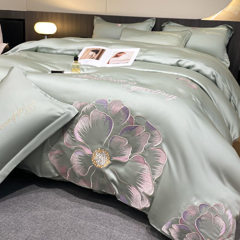 

Комплект постельного белья из ледяного шелка, четырехпредметный, вышивка, приятный к коже, дышащий, удобный, простыня, пододеяльник, наволочка 2.0m bed