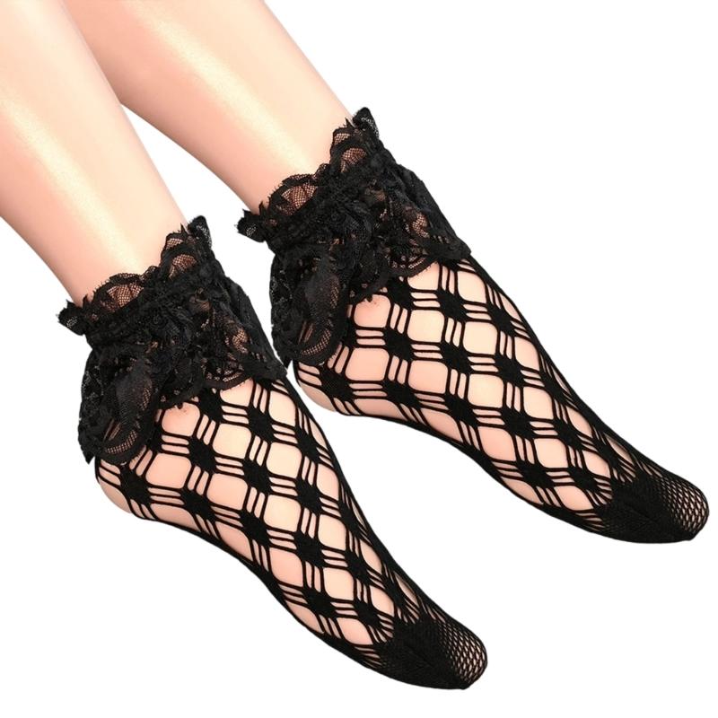 Black Mesh Socks For Women Elegant Ruffle Frilly Dress Socks Hollowout Fishnet Rhombus Patterned Ankle Socks Hosiery