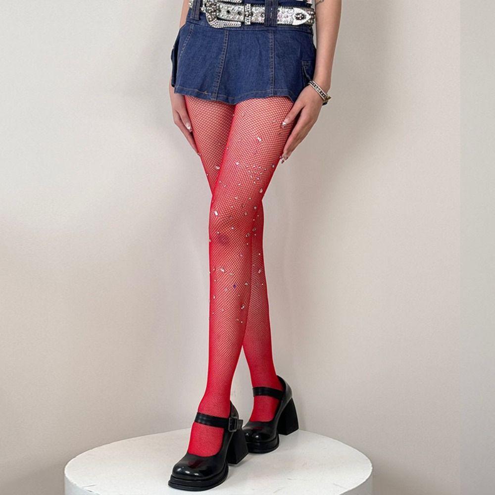 Irregular Rhinestones Colorful Fishnet Stockings Y2k Ladies Long Socks  Forr Girl Women