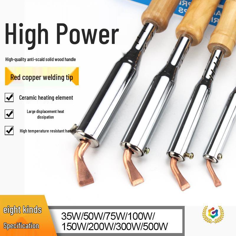 High-Power Wood Handle Soldering Iron with Bent Flat Copper Tip - 100W to 300W