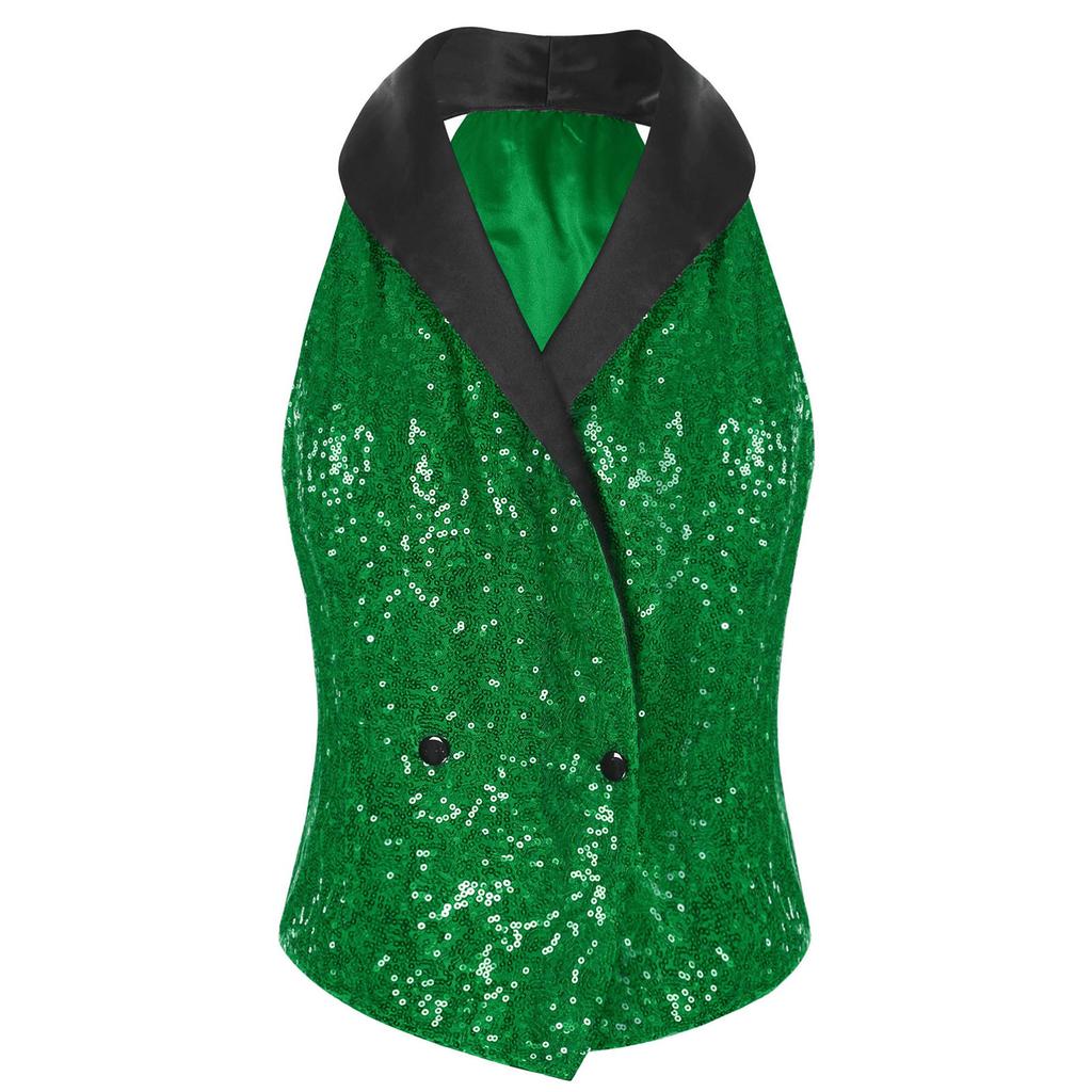 Blusa de Lentejuelas Brillantes para Mujer Cuello en V Solapa Diseño sin Mangas Frente con Botones a Presión Top Elegante