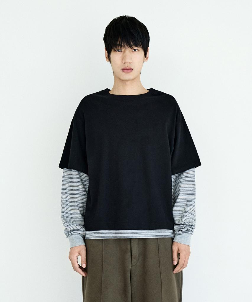 Peullukeu Crop Striped Layered T-Shirt Black Flt133