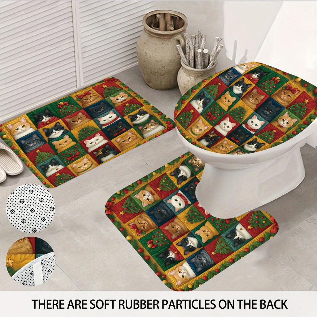4pcs fabric splicing Christmas cat print bathroom set 180x180 waterproof shower curtain, floor mat, U-shaped mat, toilet mat