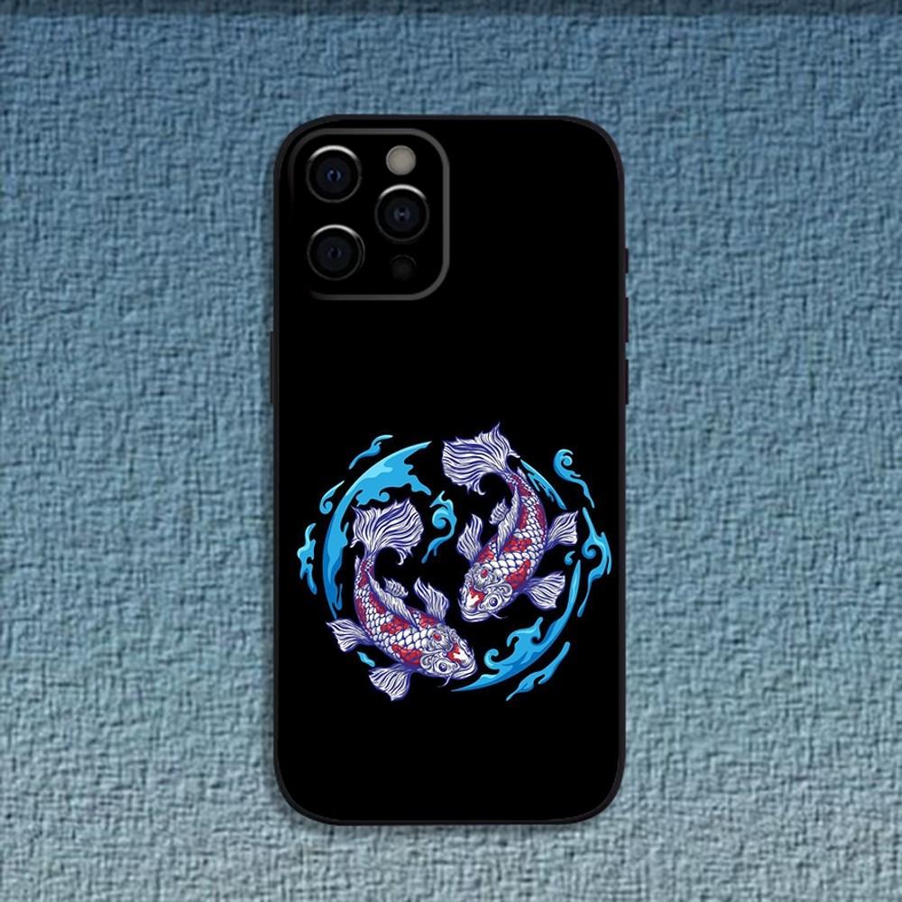 Koi Carp Fish Yin Yang Art Phone Case For iPhone 16,15,14,13,12,11,Pro,X,XS,Max,XR,Plus,Mini Soft Black Cover
