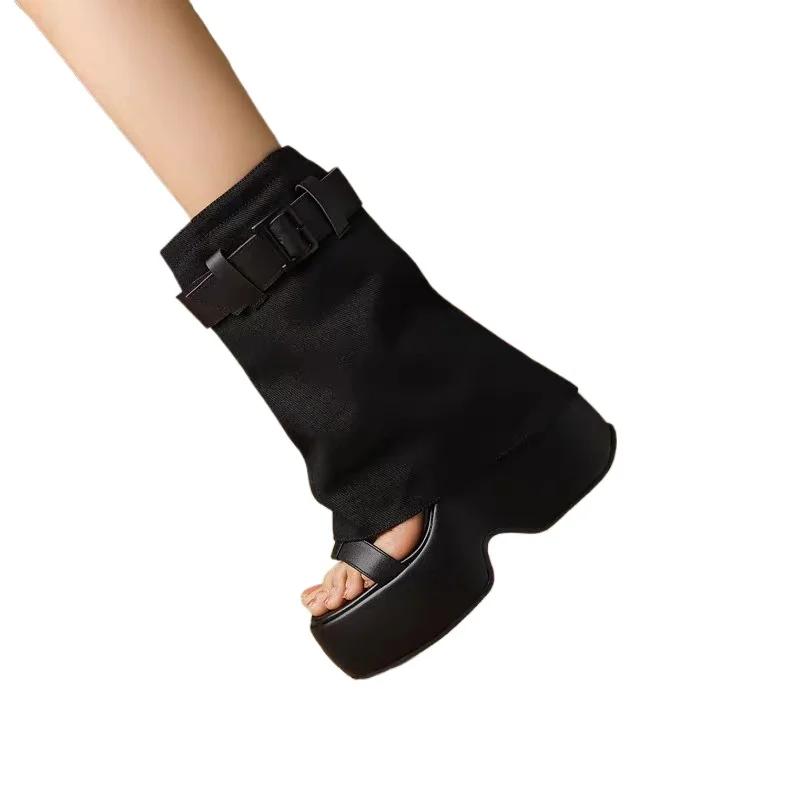 Fashion 2025 Ladies Shoes Platform Modern Women's Boots Side Zip Round Toe Buckle Mid-Calf Boots Classics Versatile Open Toe Sandals