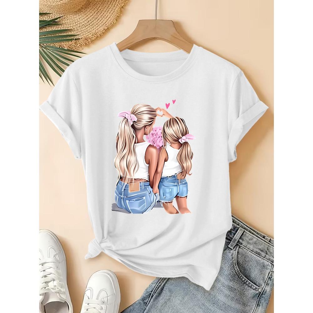Women's Vintage Mother Daughter Heart Silhouette Round Neck Short Bouse-Compatible Suitable Gym