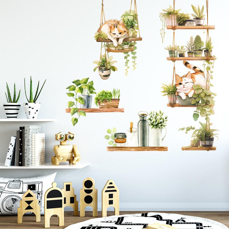 Cat Green Plant Pot Home Background Wall Decoration Wall Stickers Self-Adhesive