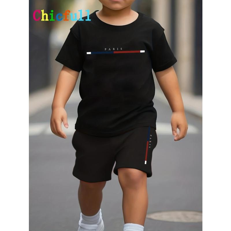 Boy PARIS Letter Print Fashionable Casual Easy Comfortable Versatile T-Shirt Shorts Set, for Outdoor