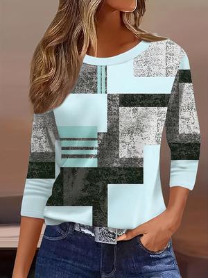 Damen 3D-gedrucktes Karomuster T-Shirt Mode Langarm Rundhals Reguläre Oberteile Feiertagswochenende Frühling und Herbst