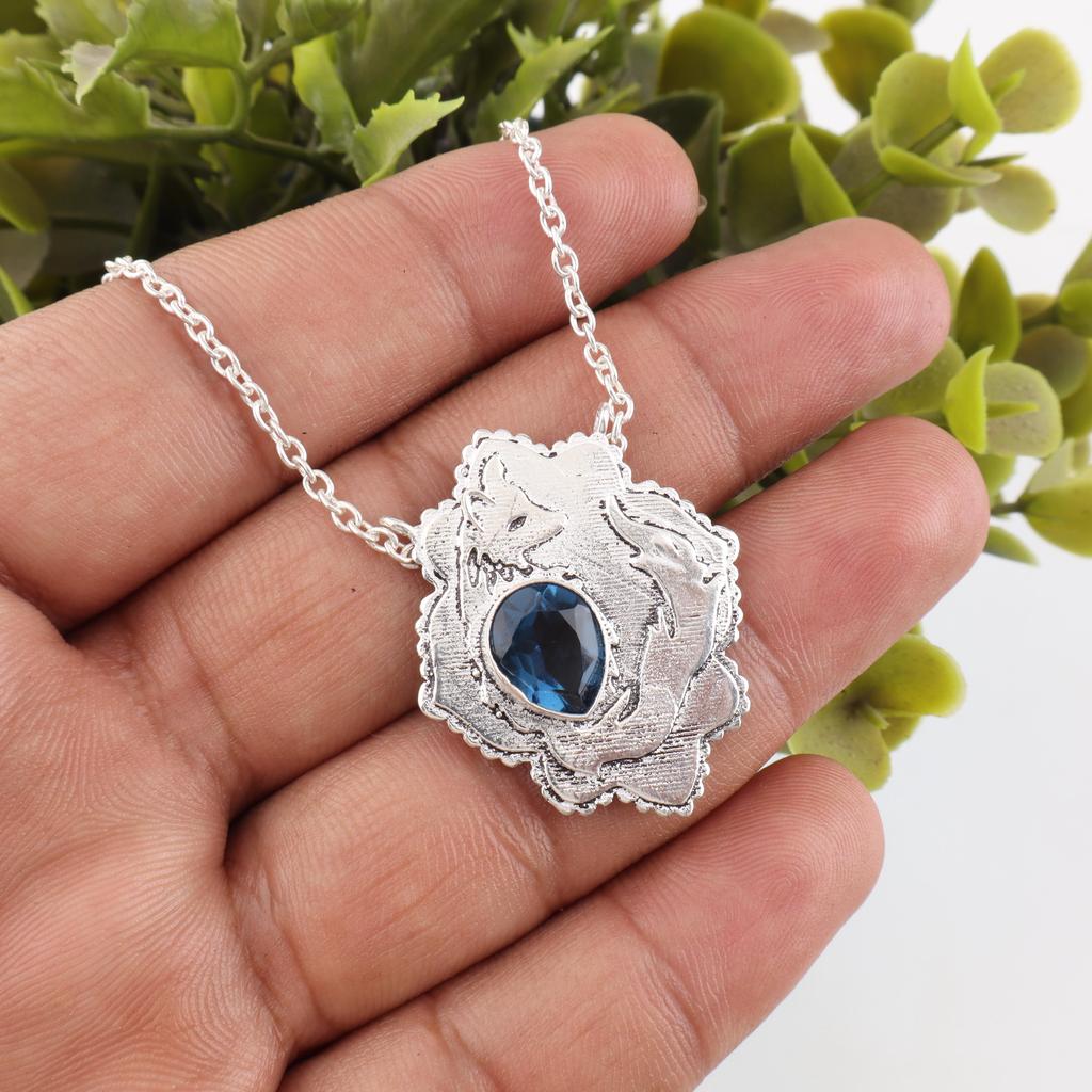 London Blue Topaz Gemstone Jewelry, 925 Solid Sterling Silver Pendant, Handmade Bohemian Pendant For Gift