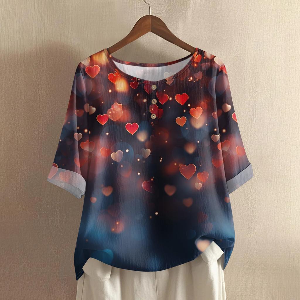 Damska casualowa i wygodna bawełniano-lniana bluzka z okrągłym dekoltem, średniej długości, z modnym nadrukiem