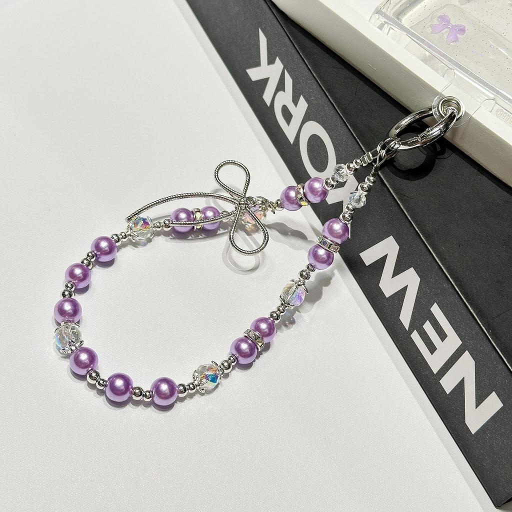 Catena per Cellulare con Perline di Cristallo di Lusso alla Moda Corta da Polso Portatile Decorativa con Fiocco Cordino Sospeso per Telefoni