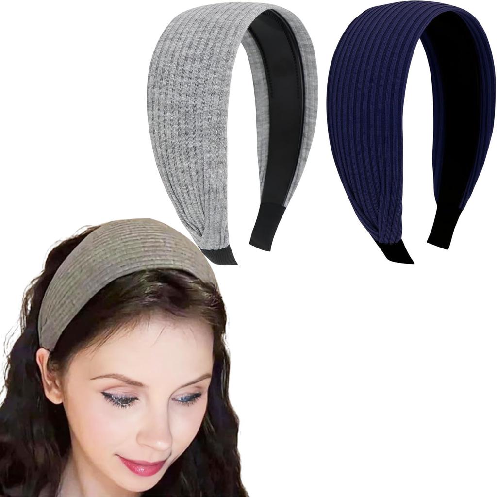 Melodio 2 PCS Headbands for Women Toothed Non-slip Hair Bands Vintage Knitted Pit Strip Boho Wider Sports Makeup Hair Bands Cover Hair Seams for Wo