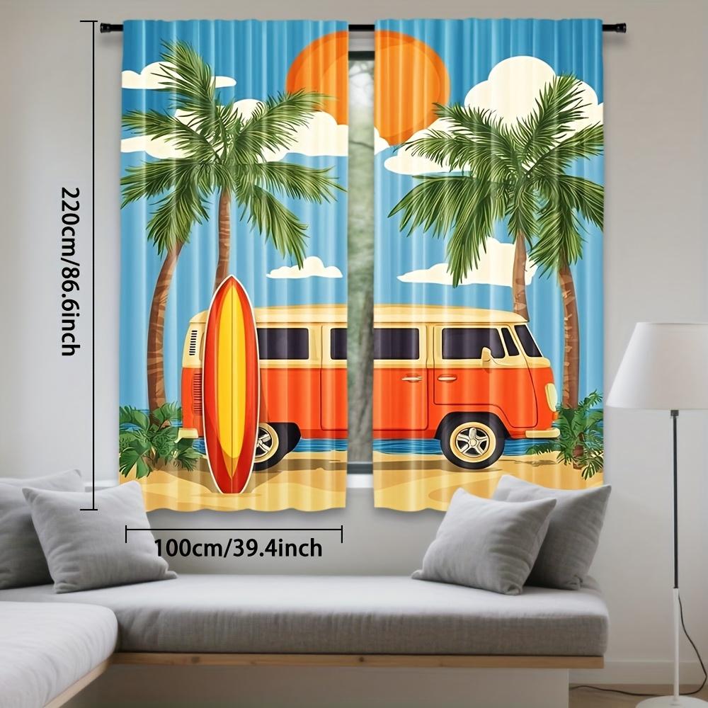 Set Of 2 Retro Beach Bus Print Polyester Curtains Vibrant Sunset Palm Tree Design Style Living Curtain Sheer Made With Rod Pocket