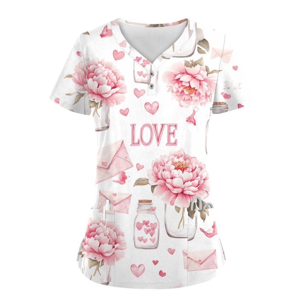 Damen-Oberteil mit Knopfleiste und V-Ausschnitt, modisch, lässig, mit Weihnachts- und Valentinstags-Print, Top für Krankenschwestern, Kasacks für Damen, 2 Taschen