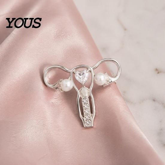 Brooch with Faux Pearl Uterus Rhinestone Pearl, Human Organ Lapel Pin, Women Statement Badge Hollow Shaped Jewelry for Coats Sweaters Scarves Pin