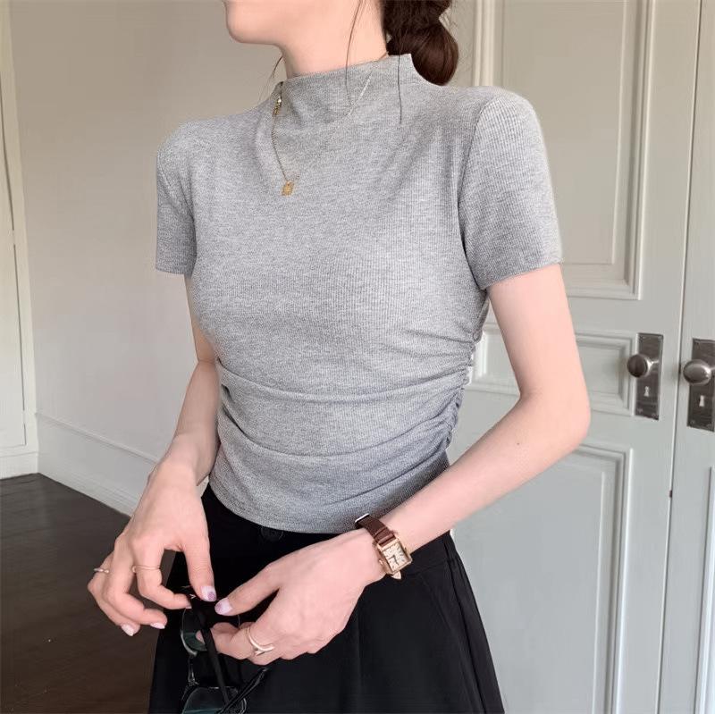 Semi-turtleneck solid color short-sleeved T-shirt women's summer new Korean version slim-fitting simple fashion versatile temperament top