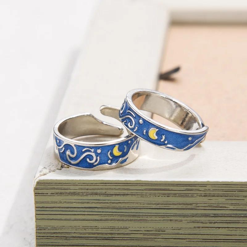 Couple Van Gogh Night Open Rings for Women Men Simple Design Silver Color Lovers Blue Starry Sky Ring Party Jewelry Gifts