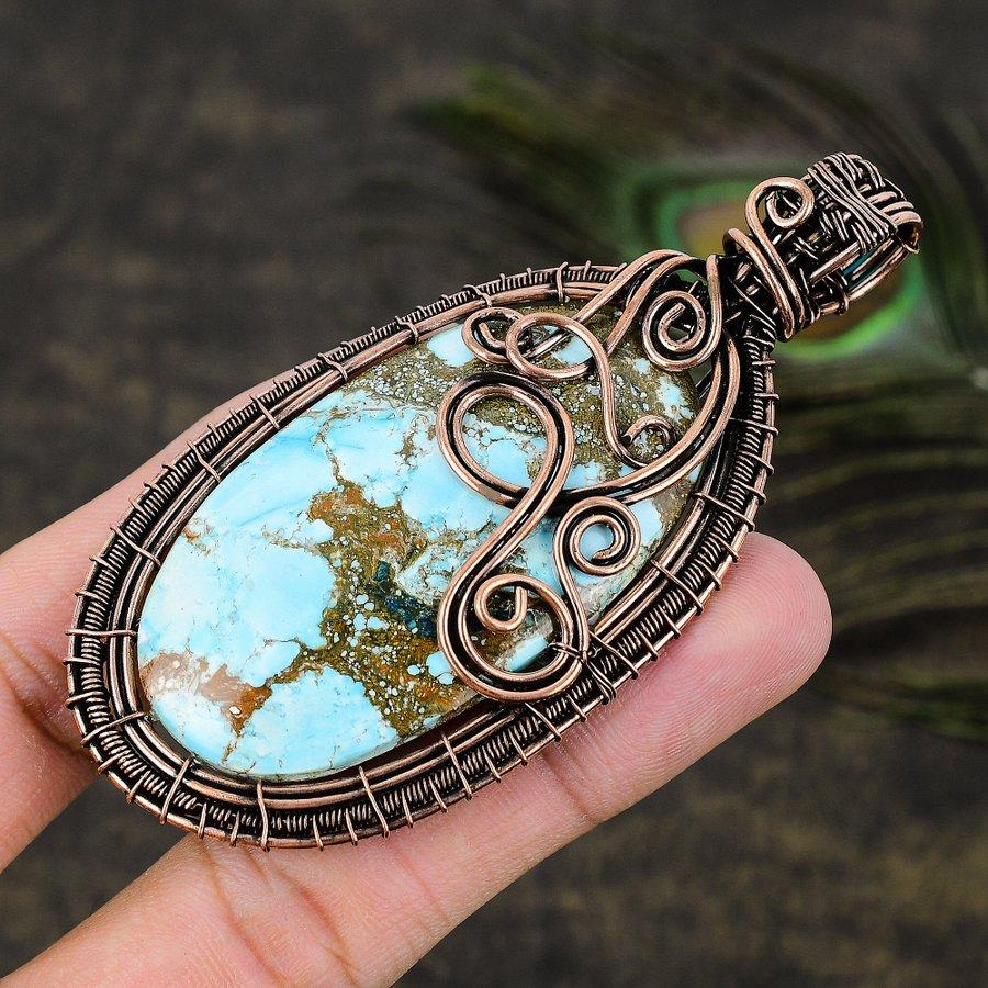 Tibetan Turquoise Gemstone Copper Wire Wrap Jewelry Pendant 3.59