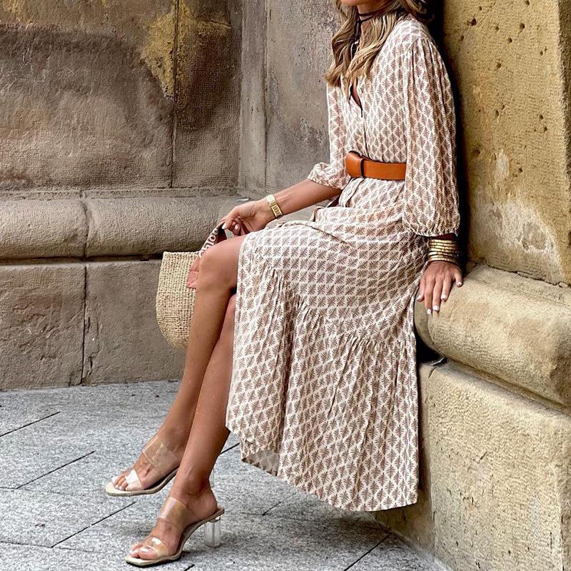 In Stock: 2025 Autumn/Winter V-neck Belted Print Long Dress