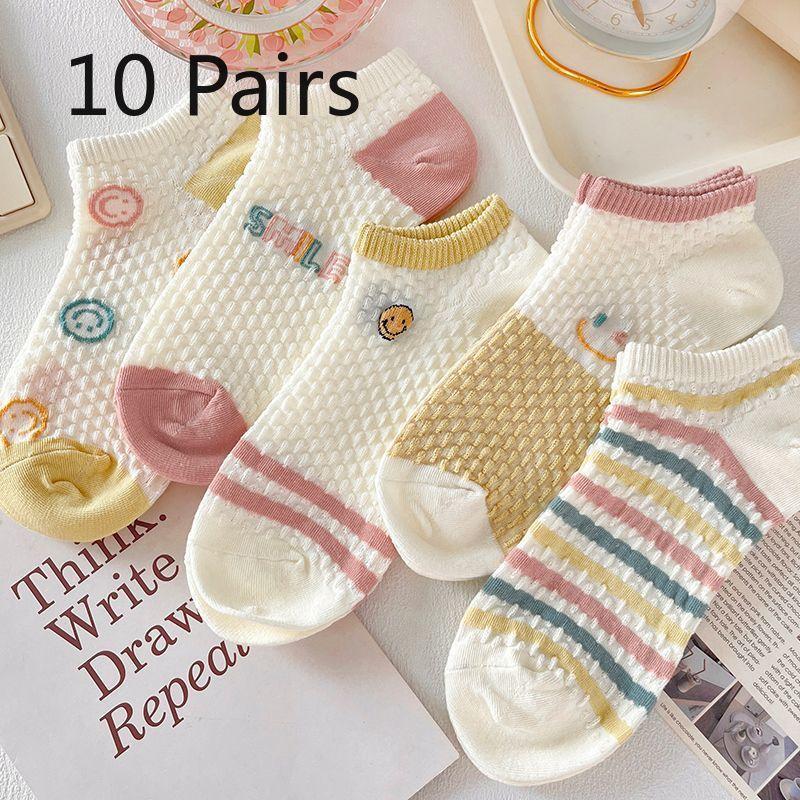 

10 пар женских тонких хлопковых носков на весну и лето, с милым мультяшным рисунком улыбающегося лица, цветные, с неглубоким вырезом, короткие 10 Pairs