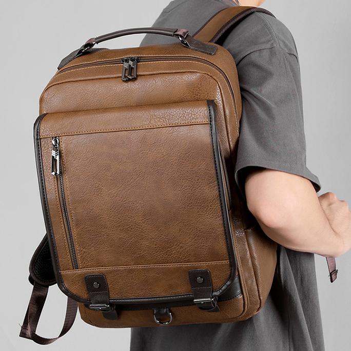 Zaino Uomo In Tela Impermeabile Vintage, Grande Capacità Con Pelle PU, Per Laptop E Viaggi, Borsa Da Scuola Per Studenti