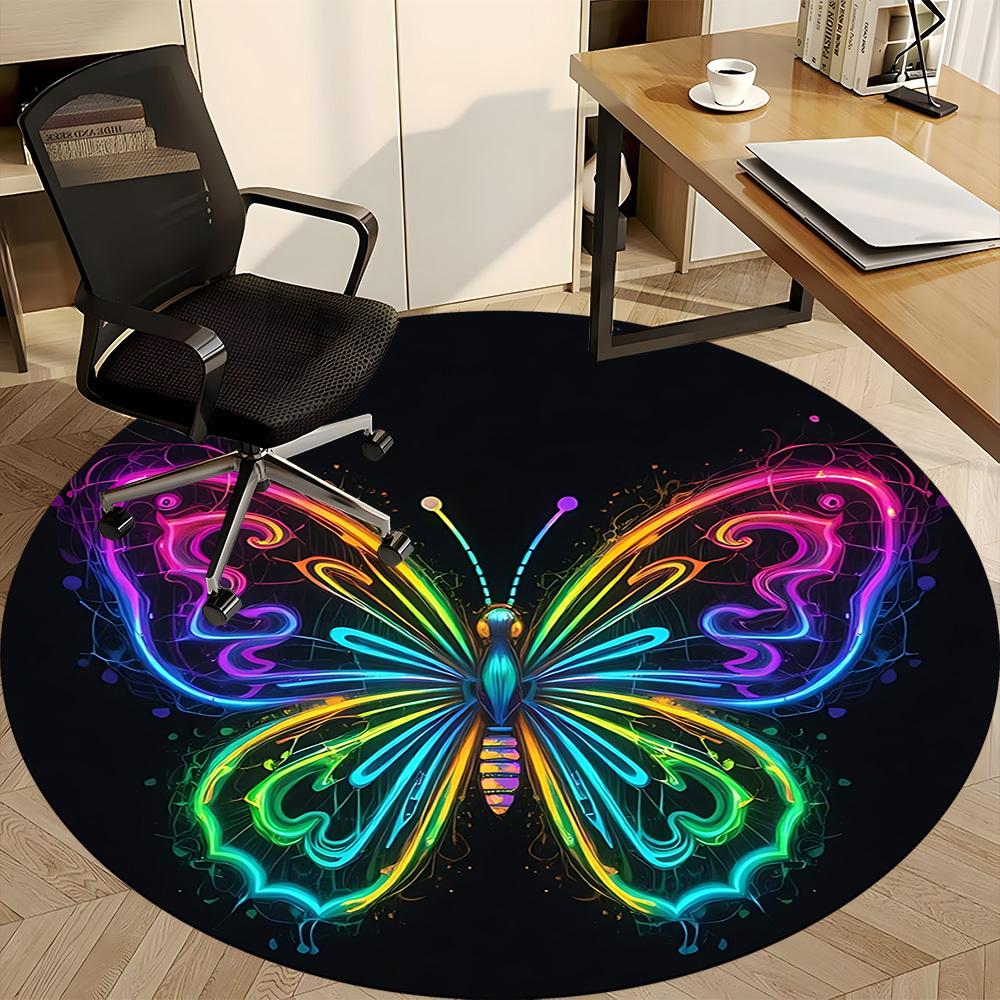 1PC Neon Butterfly Office Round Area Rug, Indoor Mat Suitable For Office, Under Office Chairs Bedroom Living Room Home Decor, Room Deco 105
