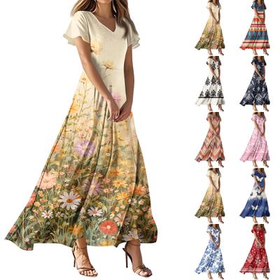 Damen Sommer Casual Fashion Print Farbe Kleider V-Ausschnitt Kurzarm Kleider