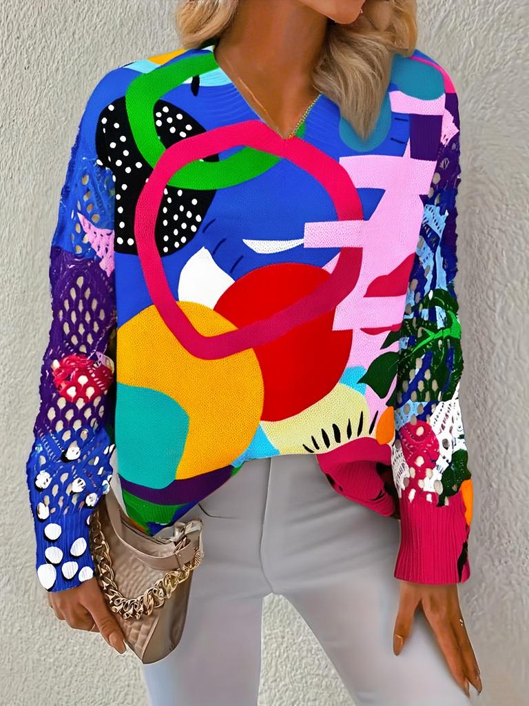 Neues bedrucktes V-Ausschnitt-Oberteil Damen beliebter Pullover Langarm Frühling und Herbst Pullover