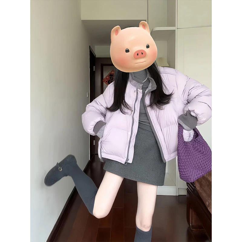 2025 Autumn/Winter Purple Cotton Jacket & High-Waisted Skirt Set - Slim Fit Base Layer, Campus Style