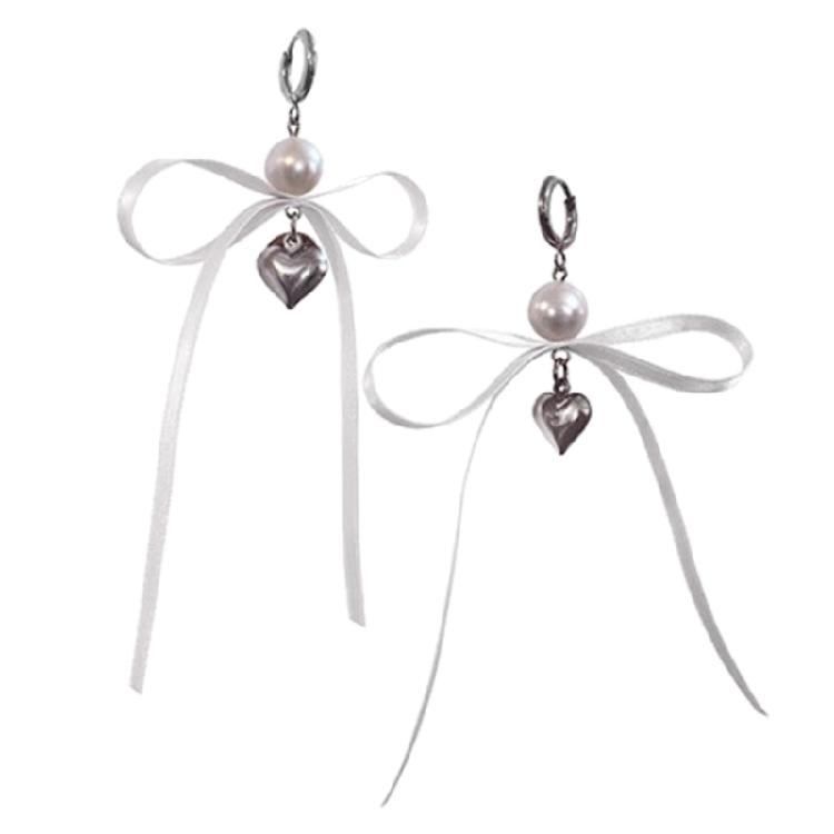 Ribbon Bowknot Charm Earring Fashion Pearl Heart Dangle Earrings Simple Ear Hook белый