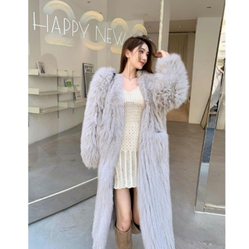 Winter Neuer Umweltfreundlicher Fuchspelz Langpelzmantel Damen Pelzmantel Dick Warm Damenmantel