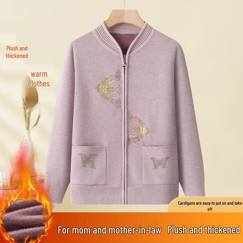 Elegant Embroidered Knit Zipper Cardigan for Middle-Aged & Elderly Women - Autumn/Winter Velvet Pullover