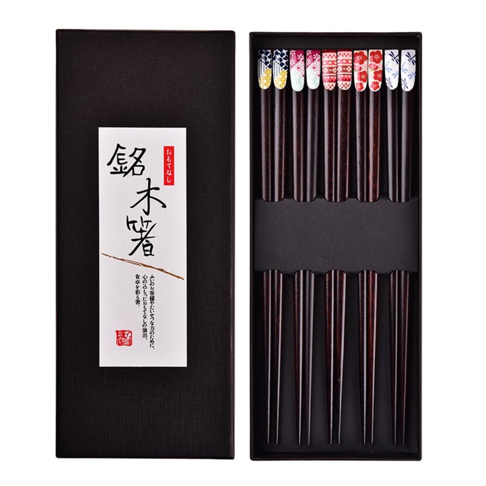 1Set Wood Printed Chopsticks Exquisite Printed Pattern Practical Tableware Smooth Polished Slim Decorative Wood Family Dining