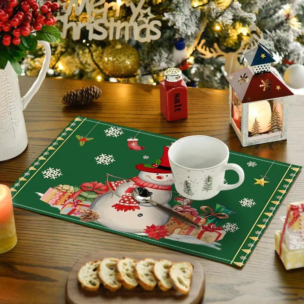 Christmas Cotton Linen Placemats Snowman & Santa Claus Decorated Dining Table Mats Insulation Solid Color Holiday Home Decor