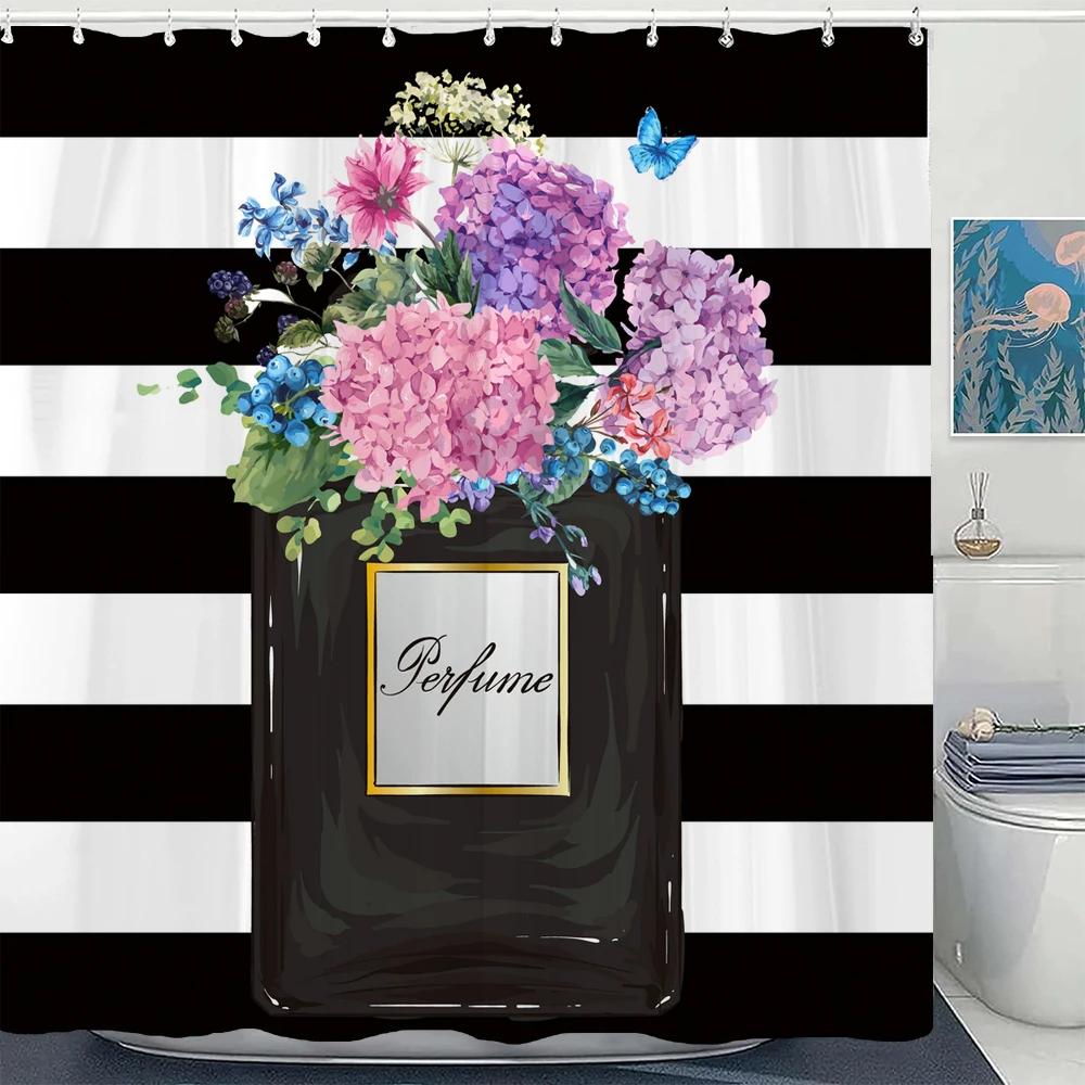 Modern Cosmetics Perfume Flowers Shower Curtain Minimalist Art Girl decoration Polyester Fabric Bathroom Curtain with Hooks