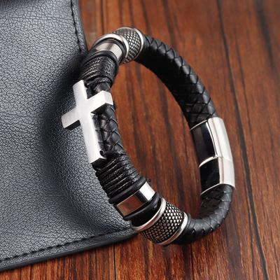 Krzyż ze stali nierdzewnej Vintage Punk pleciony spersonalizowana minimalistyczna skórzana bransoletka dla mężczyzn Hip Hop Street Jewelry
