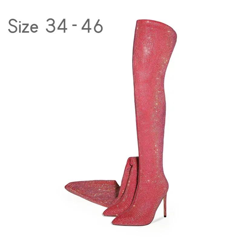 Fashion Silver Black Rhinestone 12cm High Heel Long Boots New Fashion Show Shiny Diamond Pointed Women's Over The Knee Boots Size 34-46